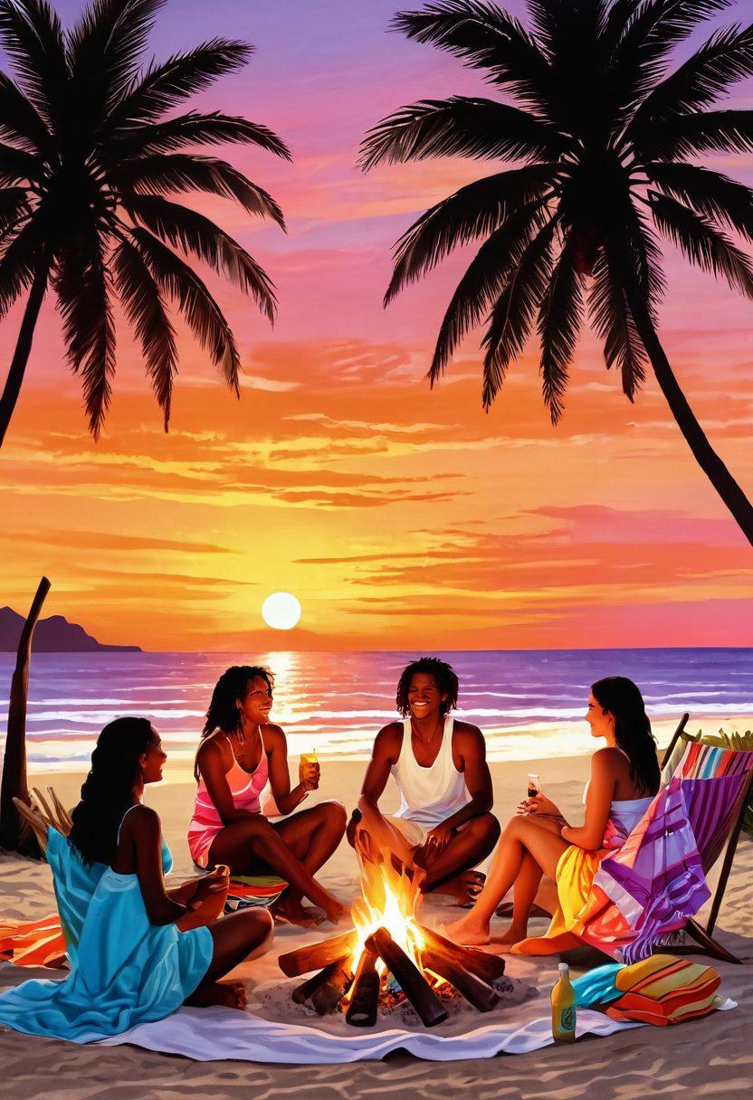 A vibrant summer beach scene with a diverse group of young adults chatting and laughing around a cozy bonfire. Include bright beach towels, tropical drinks, and playful gestures to emphasize flirtation. Soft sunset lighting casts a warm glow over the scene, creating an inviting atmosphere. The background should feature palm trees swaying gently in the breeze. playful summer colors. whimsical illustration.
